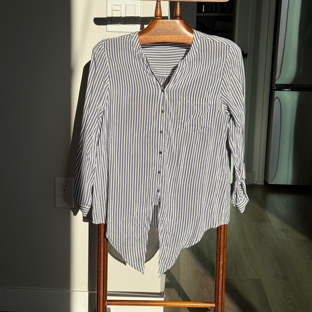 Joie 100% Silk Tie Front Striped Blouse Blue White Roll Tab Shirt Top Size S